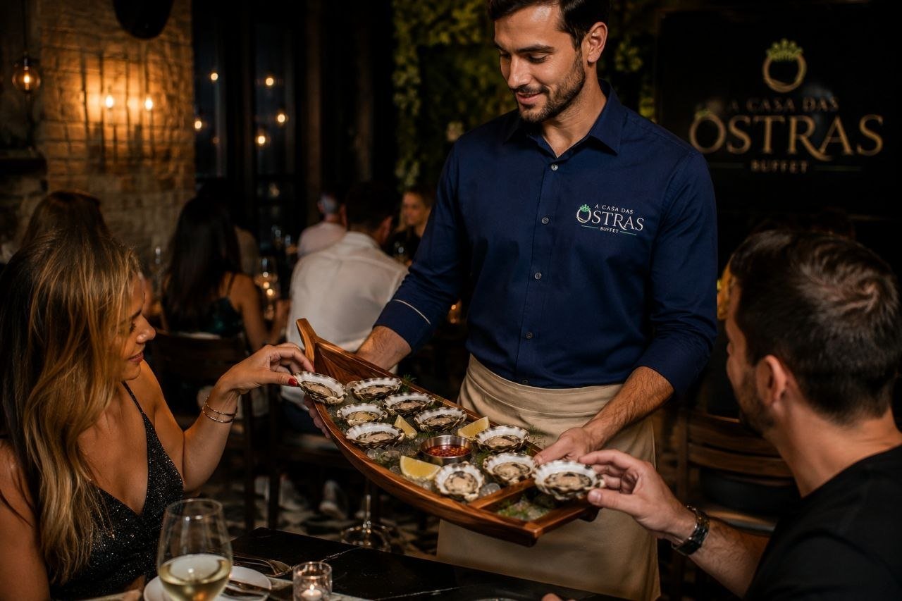 Ostra fresca servida pela A Casa das Ostras
