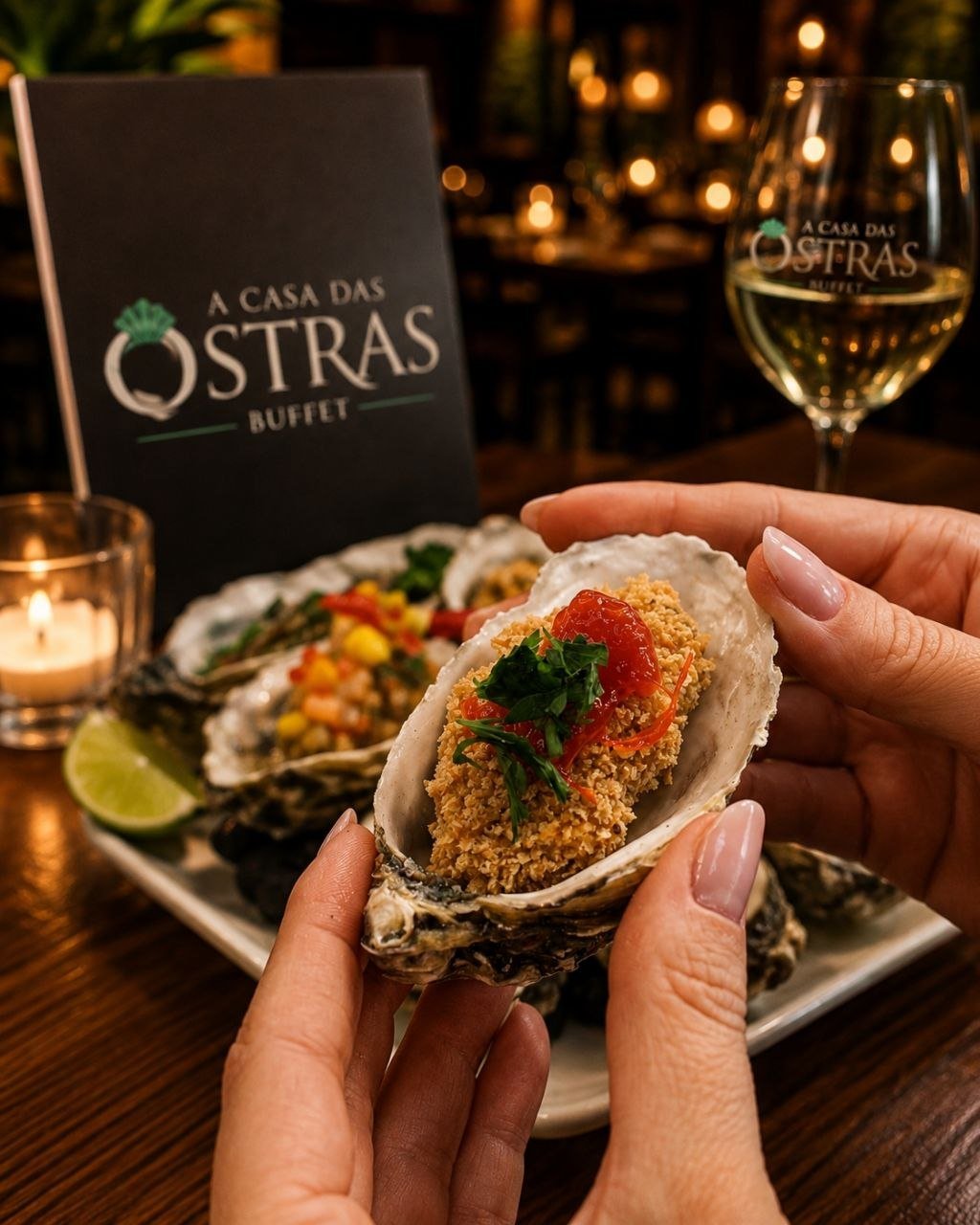 Ostra fresca servida pela A Casa das Ostras