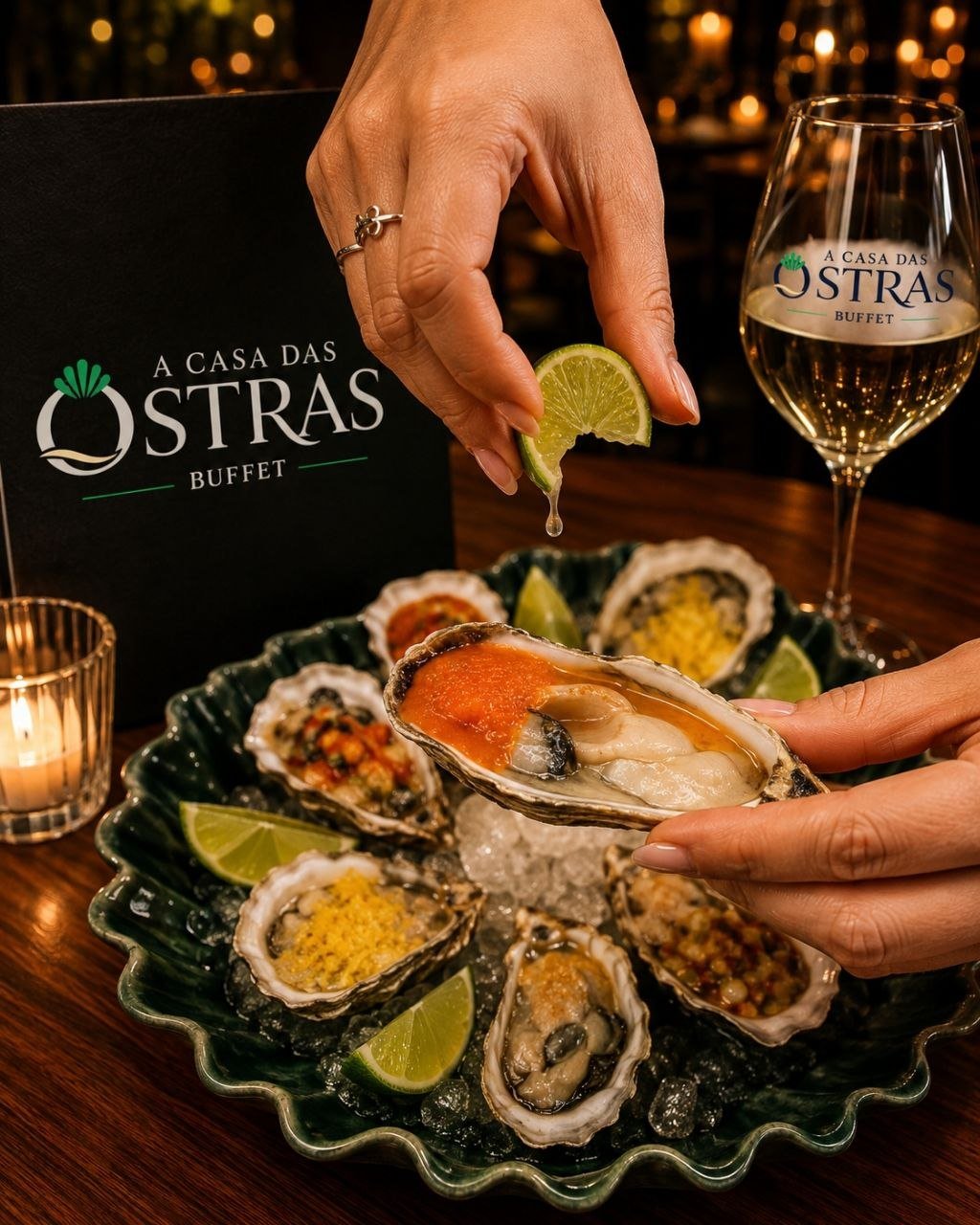Ostra fresca servida pela A Casa das Ostras