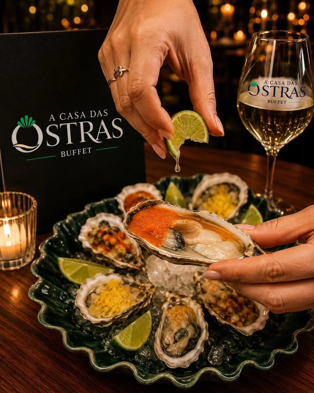 Ostra fresca servida pela A Casa das Ostras